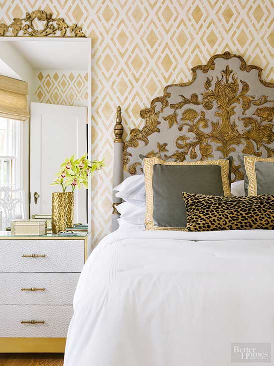 Better Homes and Gardens features a bedroom accent wall using the Alexa Allover Stencil, a geometric wall pattern, from Cutting Edge Stencils. http://www.cuttingedgestencils.com/alexa-allover-wall-pattern.html