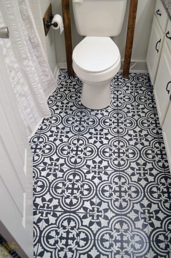 Learn how to stencil a tile pattern on a bathroom linoleum floor using the Augusta Tle Stencil. http://www.cuttingedgestencils.com/augusta-tile-stencil-design-patchwork-tiles-stencils.html