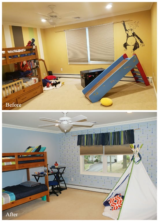 A before and after of a stenciled boys bedroom makeover using the Tribal Arrows Allover Stencil from Cutting Edge Stencils on an accent wall. http://www.cuttingedgestencils.com/tribal-arrow-pattern-stencils-wall-decor.html