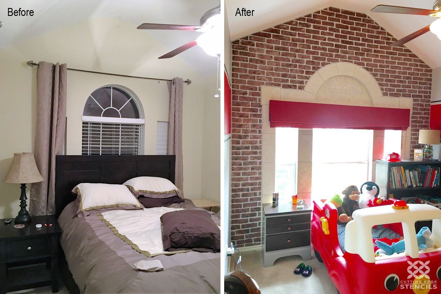 A before and after of a DIY faux brick stenciled accent wall in a bedroom using the Brick Allover Stencil from Cutting Edge Stencils. http://www.cuttingedgestencils.com/bricks-stencil-allover-pattern-stencils.html