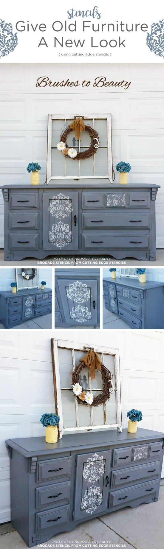 Cutting Edge Stencils shares a DIY painted and stenciled dresser project using the Brocade No. 1 Stencil.  http://www.cuttingedgestencils.com/Brocade-stencil-damask.html