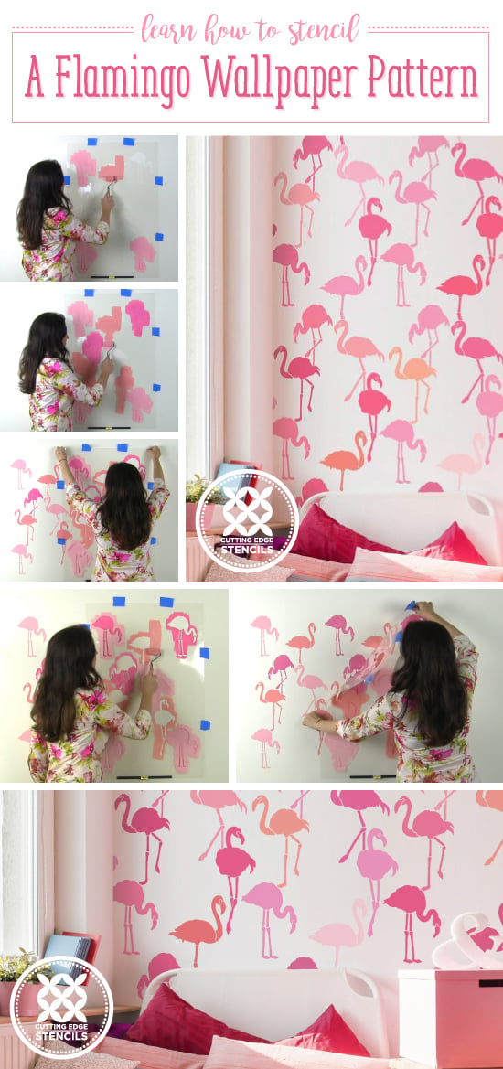 Cutting Edge Stencils shares how to stencil an accent wall using the Flamingo Allover Stencil for a tropical wallpaper look. http://www.cuttingedgestencils.com/flamingo-stencil-wallpaper-flamingos-stencil-pattern.html