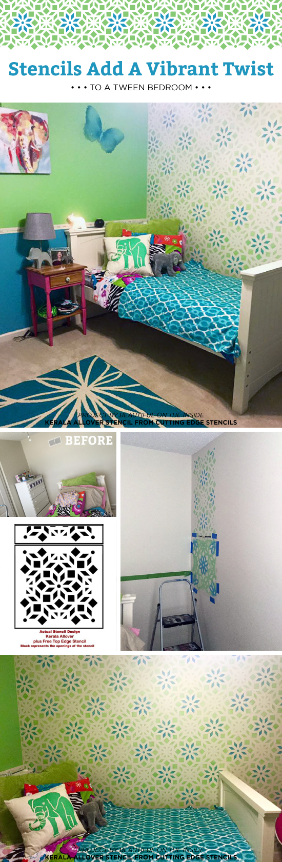 Cutting Edge Stencils shares a DIY stenciled tween bedroom makeover using the Kerala Allover Stencil. http://www.cuttingedgestencils.com/kerala-indian-stencil-geometric-pattern-stencils.html