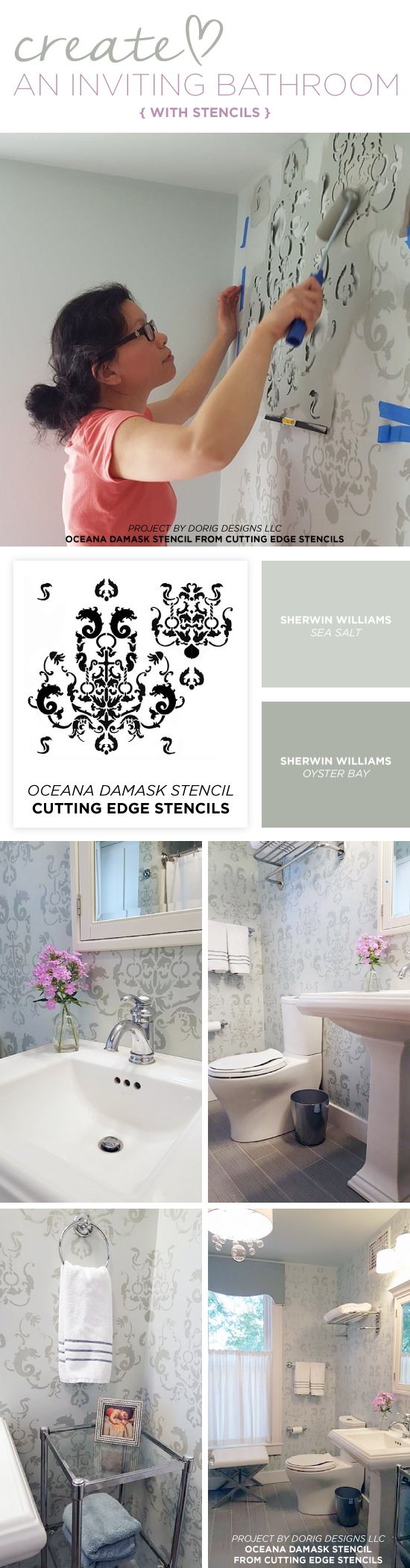 Cutting Edge Stencils shares a DIY bathroom makeover using the Oceana Damask wall pattern for a wallpaper look. http://www.cuttingedgestencils.com/stencil-nautical-decor.html
