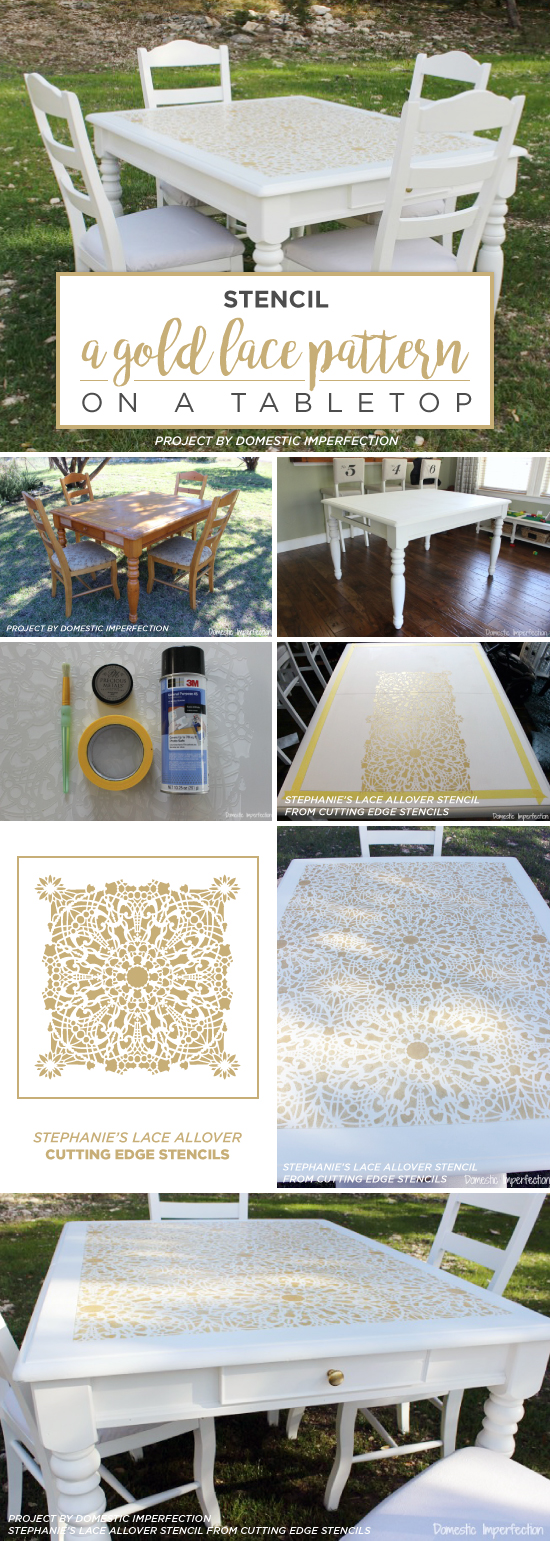 Cutting Edge Stencils shares a DIY stenciled table using the Stephanie's Lace Allover Stencil pattern in metallic gold. http://www.cuttingedgestencils.com/lace-stencil-wall-decor-stencils.html