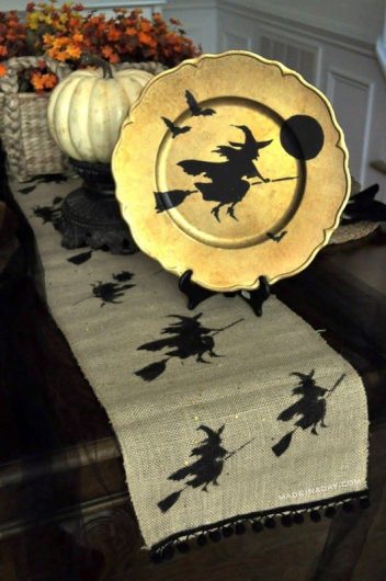A DIY Halloween stenicled table runner using the Witch Craft Stencil from Cutting Edge Stencils. http://www.cuttingedgestencils.com/halloween-design-witch-stencil-diy-craft-design.html