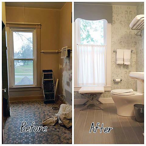 A before and after of a gray stenciled guest bathroom using the Oceana Damask Stencil from Cutting Edge Stencils. http://www.cuttingedgestencils.com/stencil-nautical-decor.html