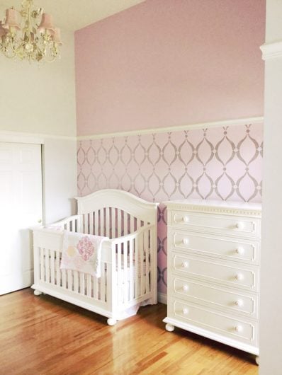 A DIY pink and metallic silver stenciled nursery using the Sweet Dreams Allover Stencil pattern from Cutting Edge Stencils. http://www.cuttingedgestencils.com/stencil-dreams-nursery-stencil-design.html