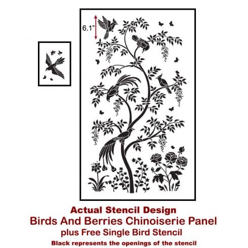 The Birds and Berries Chinoiserie Wall Mural Stencil from Cutting Edge Stencils achieves a wallpaper look. http://www.cuttingedgestencils.com/chinoiserie-stencil-mural-wall-design-wallpaper.html