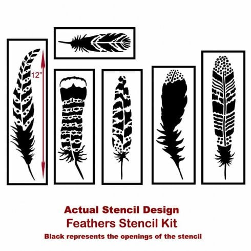 The Feathers 6 piece Stencil Kit from Cutting Edge Stencils. http://www.cuttingedgestencils.com/feathers-stencil-design-boho-tribal-indian-feather-stencils.html