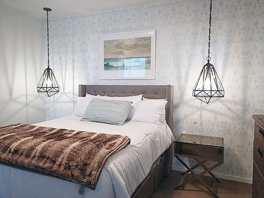 A DIY stenciled bedroom accent wall using the Ikat Bukhara Allover Stencil from Cutting Edge Stencils. http://www.cuttingedgestencils.com/stencil-ikat-damask.html