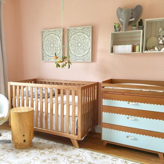 A beautiful pink and gold nursery with stenciled wall art using the Charlotte Allover Stencil on canvas from Cutting Edge Stencils. http://www.cuttingedgestencils.com/charlotte-allover-stencil-pattern.html