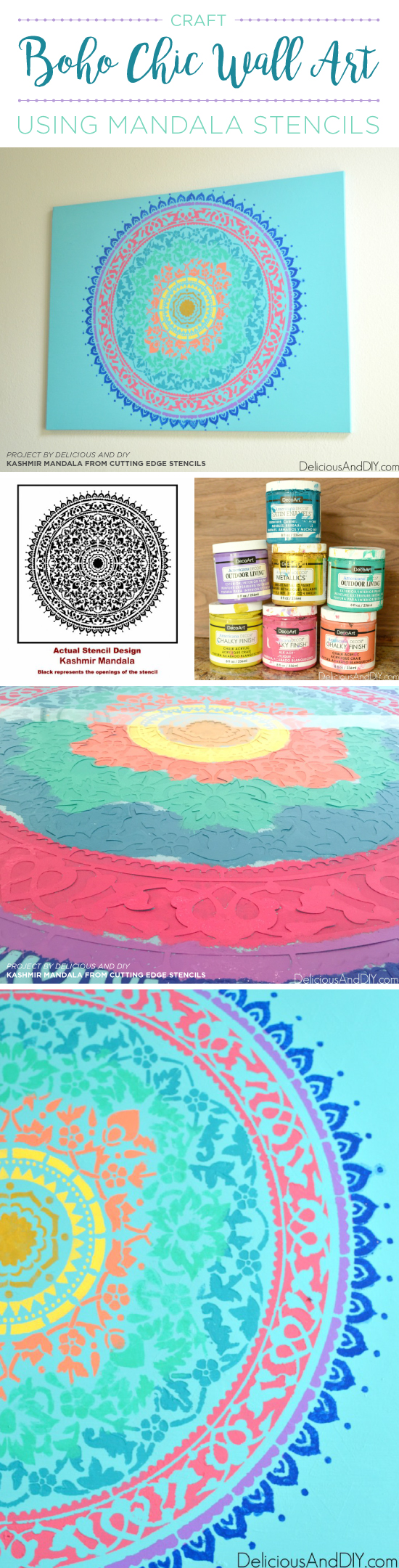 Cutting Edge Stencils shares how to craft boho chic wall art using the Kashmir Mandala stencil pattern. http://www.cuttingedgestencils.com/mandala-stencil-design-kashmir-yoga-decal.html