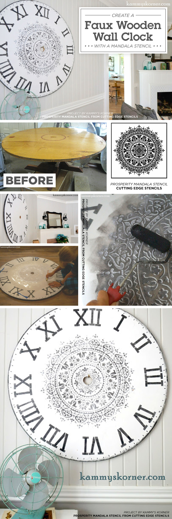 Learn how to stencil the Prosperity Mandala Stencil from Cutting Edge Stencils on a wooden faux wall clock. http://www.cuttingedgestencils.com/prosperity-mandala-stencil-yoga-mandala-stencils-designs.html