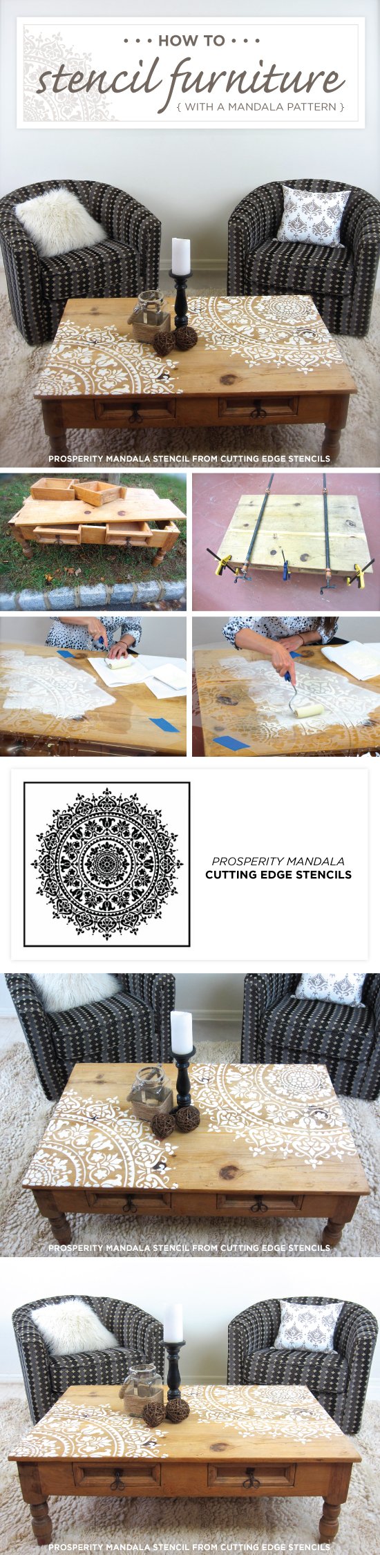 Cutting Edge Stencils shares how to stencil a wood table using the Prosperity Mandala Stencil pattern. http://www.cuttingedgestencils.com/prosperity-mandala-stencil-yoga-mandala-stencils-designs.html