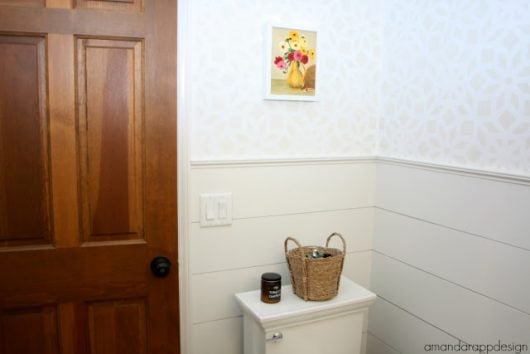 A gray and white DIY stenciled bathroom using the Kerala Allover wall pattern from Cutting Edge Stencils for a wallpaper look. http://www.cuttingedgestencils.com/kerala-indian-stencil-geometric-pattern-stencils.html