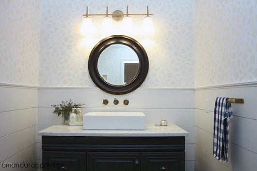 A gray and white DIY stenciled bathroom using the Kerala Allover wall pattern from Cutting Edge Stencils for a wallpaper look. http://www.cuttingedgestencils.com/kerala-indian-stencil-geometric-pattern-stencils.html