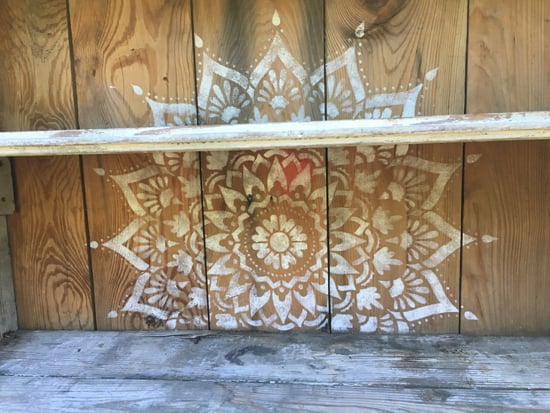 Learn how to stencil a rustic bookcase using the Radiance Mandala Stencil from Cutting Edge Stencils. http://www.cuttingedgestencils.com/radiance-mandala-stencil-yoga-mandala-stencils-decal.html