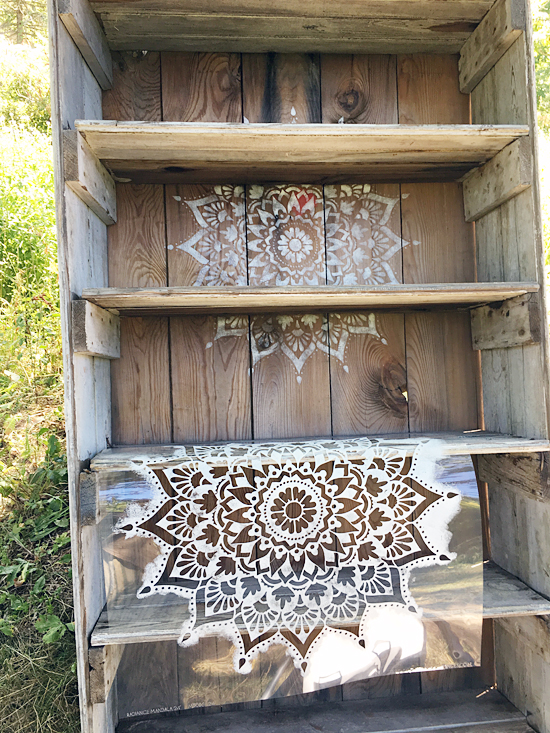 Learn how to stencil a rustic bookcase using the Radiance Mandala Stencil from Cutting Edge Stencils. http://www.cuttingedgestencils.com/radiance-mandala-stencil-yoga-mandala-stencils-decal.html