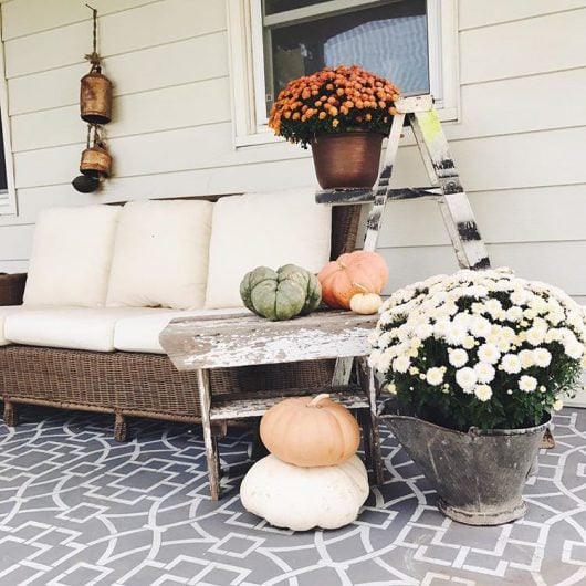 A stenciled cement porch using the Tea House Trellis Stencil, an oversized geometric pattern, from Cutting Edge Stencils. http://www.cuttingedgestencils.com/tea-house-trellis-allover-stencil-pattern.html