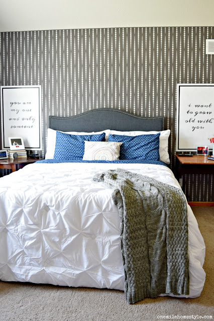 A DIY stenciled master bedroom makeover using the Beads Allover Stencil from Cutting Edge Stencils. http://www.cuttingedgestencils.com/beads-wall-stencil-pattern.html