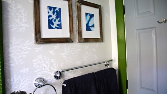 A stenciled bathroom using the Coral Allover Stencil from Cutting Edge Stencils to achieve a wallpaper look. http://www.cuttingedgestencils.com/coral-stencil-pattern-beach-decor.html
