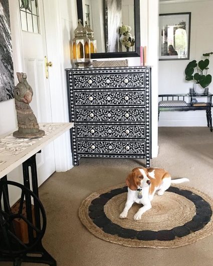 A DIY stenciled dresser given a bone inlay look using the Indian Inlay Stencil Kit designed by Kim Myles from Cutting Edge Stencils. http://www.cuttingedgestencils.com/indian-inlay-stencil-furniture.html