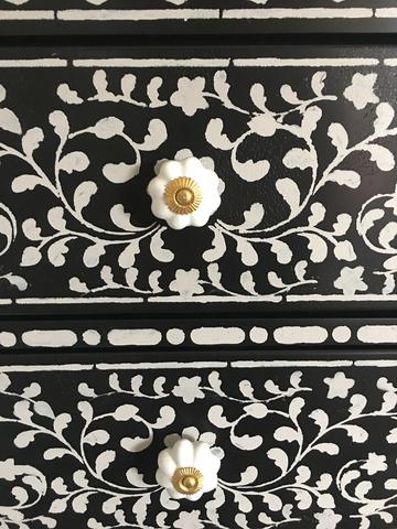 A DIY stenciled dresser given a bone inlay look using the Indian Inlay Stencil Kit designed by Kim Myles from Cutting Edge Stencils. http://www.cuttingedgestencils.com/indian-inlay-stencil-furniture.html