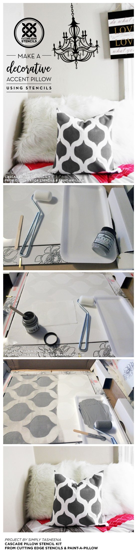 Cutting Edge Stencils shares how to stencil a DIY accent pillow using the Cascade Pillow Stencil Kit. http://www.cuttingedgestencils.com/cascade-stencils-paint-a-pillow-kit.html