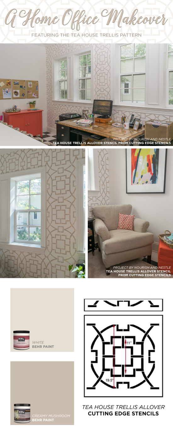 Cutting Edge Stencils shares a DIY home office makeover using the Tea House Trellis Allover Stencil on an accent wall. http://www.cuttingedgestencils.com/tea-house-trellis-allover-stencil-pattern.html
