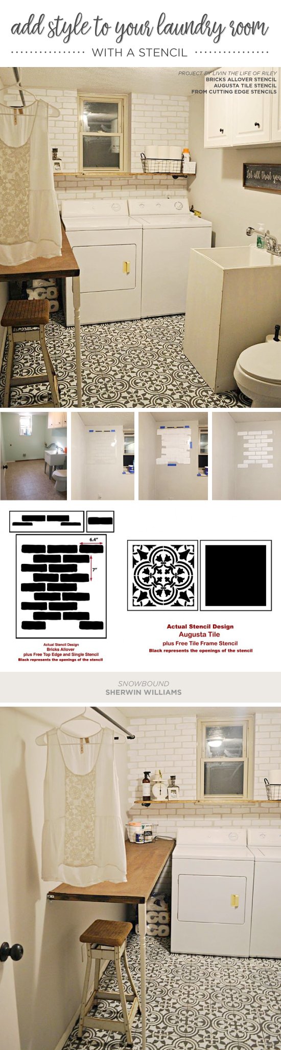 Cutting Edge Stencils shares a DIY stenciled laundry room accent wall that achieves a subway tile look using the Brick Allover Stencil. http://www.cuttingedgestencils.com/bricks-stencil-allover-pattern-stencils.html