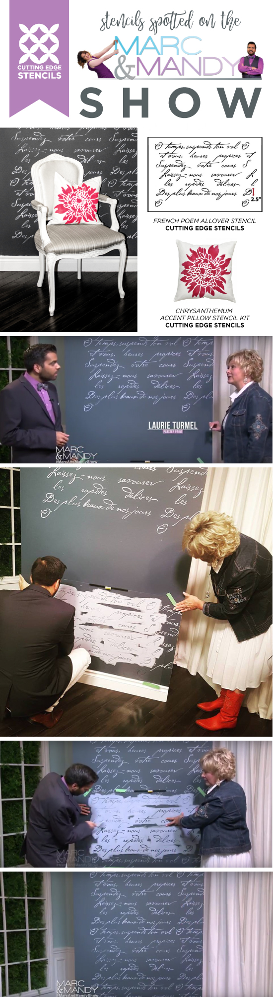 The Canadian Marc and Mandy Show shares how to create a statement wall using the French Poem pattern. http://www.cuttingedgestencils.com/french-typography-letter-wall-stencil.html