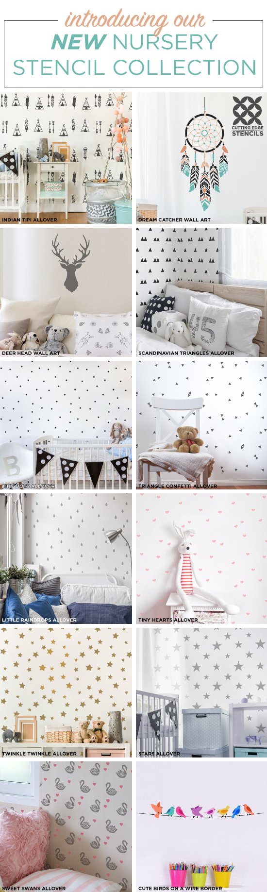 Cutting Edge Stencils is excited to introduce NEW nursery stencil patterns for walls, furniture, and DIY home decorating projects. http://www.cuttingedgestencils.com/nursery-stencils-walls.html