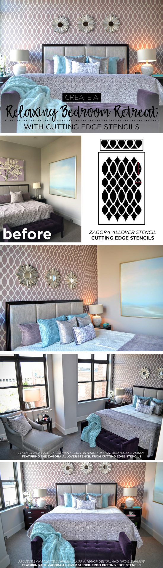 Cutting Edge Stencils shares a DIY stenciled purple bedroom accent wall using the Zagora Allover Stencil, a popular Moroccan wall pattern.  http://www.cuttingedgestencils.com/trellis-allover-stencil.html