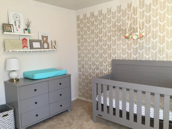A DIY gold and off white, tribal bohemian themed stenciled girl's nursery using the Drifting Arrows Allover Stencil from Cutting Edge Stencils. http://www.cuttingedgestencils.com/drifting-arrows-stencil-pattern-diy-decor.html