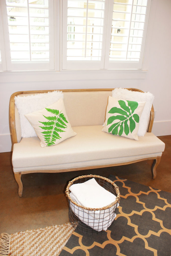DIY botanical stenciled accent pillows painted using the Accent Pillow Stencil Kits from Cutting Edge Stencils. http://www.cuttingedgestencils.com/fern-stencil-paint-a-pillow-kit.html