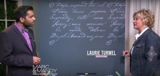The Marc and Mandy Show feature Laurie Turmel, a DIY expert, on how to stencil an accent wall using the French Poem Allover Stencil from Cutting Edge Stencils. http://www.cuttingedgestencils.com/french-typography-letter-wall-stencil.html