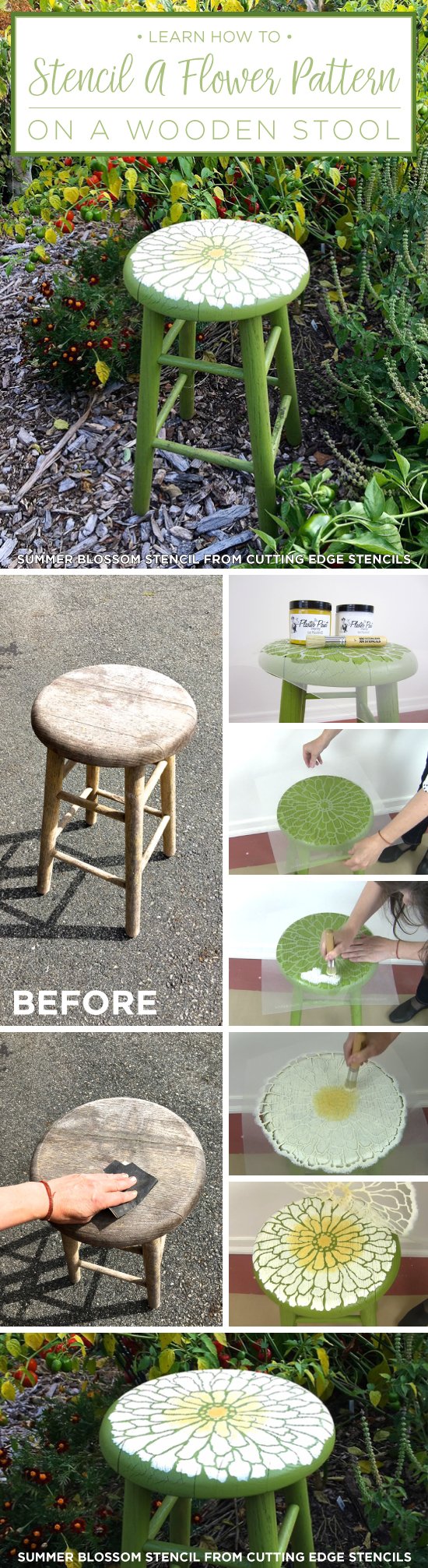 Learn how to stencil a wooden stool using the Summer Blossom Flower Stencil from Cutting Edge Stencils. http://www.cuttingedgestencils.com/flower-stencils-summer-blossom-floral-wall-stencil-design.html