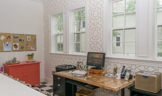 A DIY stenciled accent wall in a home office using the Tea House Trellis Allover Stencil from Cutting Edge Stencils. http://www.cuttingedgestencils.com/tea-house-trellis-allover-stencil-pattern.html