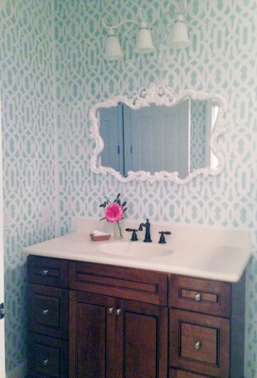 A DIY stenciled bathroom that looks like wallpaper using the Trellis Allover Stencil from Cutting Edge Stencils. http://www.cuttingedgestencils.com/allover-stencil.html