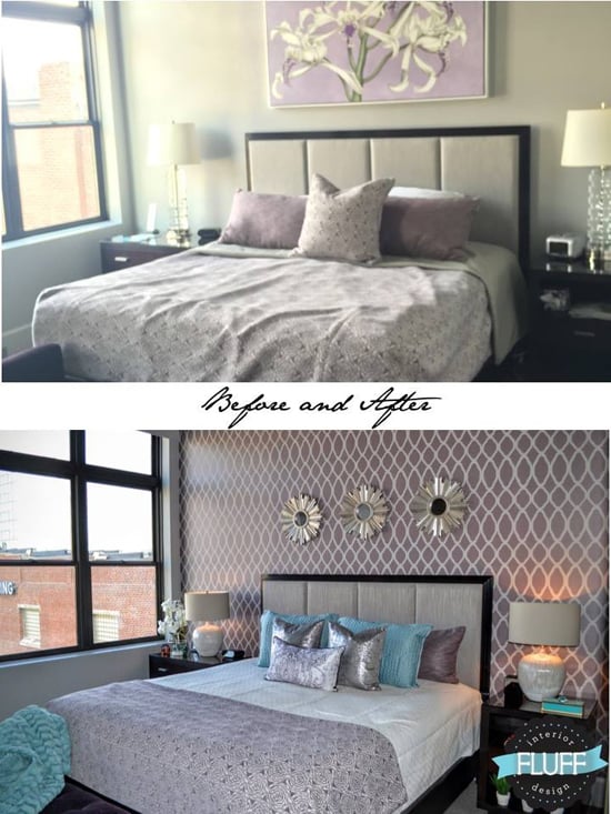 A before and after a DIY stenciled purple bedroom accent wall using the Zagora Allover Stencil, a popular Moroccan wall pattern, from Cutting Edge Stencils. http://www.cuttingedgestencils.com/trellis-allover-stencil.html