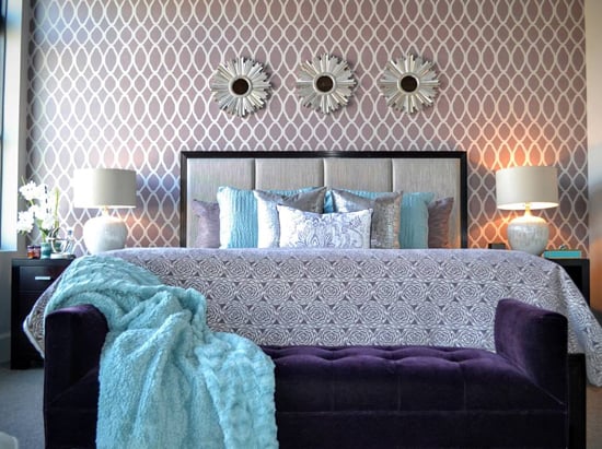 A DIY stenciled purple bedroom accent wall using the Zagora Allover Stencil, a popular Moroccan wall pattern, from Cutting Edge Stencils. http://www.cuttingedgestencils.com/trellis-allover-stencil.html