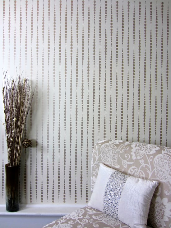 A DIY stenciled accent wall using a geometric wallpaper pattern, the Beads Allover Stencil, from Cutting Edge Stencils. http://www.cuttingedgestencils.com/beads-wall-stencil-pattern.html