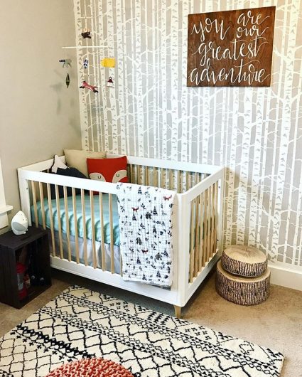 A DIY stenciled nursery accent wall using the Birch Forest Allover Stencil from Cuttin gEdge Stencils. http://www.cuttingedgestencils.com/allover-stencil-birch-forest.html