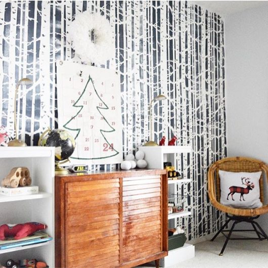 A DIY stenciled accent wall in a boys bedroom using the Birch Forest Allover Stencil from Cutting Edge Stencils. http://www.cuttingedgestencils.com/allover-stencil-birch-forest.html