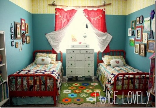 A DIY shared boy girl bedroom with a stenciled accent using the Birch Forest Allover Stencil from Cutting Edge Stencils. http://www.cuttingedgestencils.com/allover-stencil-birch-forest.html