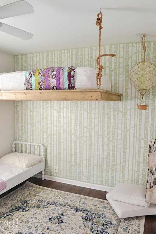 A DIY shared girl's bedroom using the Birch Forest Allover Stencil, a nature inspired wall pattern, from Cutting Edge Stencils. http://www.cuttingedgestencils.com/allover-stencil-birch-forest.html