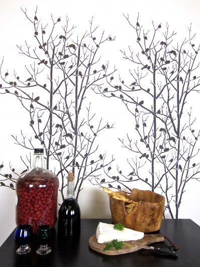 A DIY stenciled accent wall using the Birds In Trees Allover Stencil, a nature inspired wallpaper pattern, from Cutting Edge Stencils. http://www.cuttingedgestencils.com/birds-in-trees-wall-stencil-pattern.html