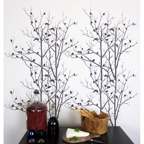 A DIY stenciled accent wall using the Birds In Trees Allover Stencil, a nature inspired wallpaper pattern, from Cutting Edge Stencils. http://www.cuttingedgestencils.com/birds-in-trees-wall-stencil-pattern.html