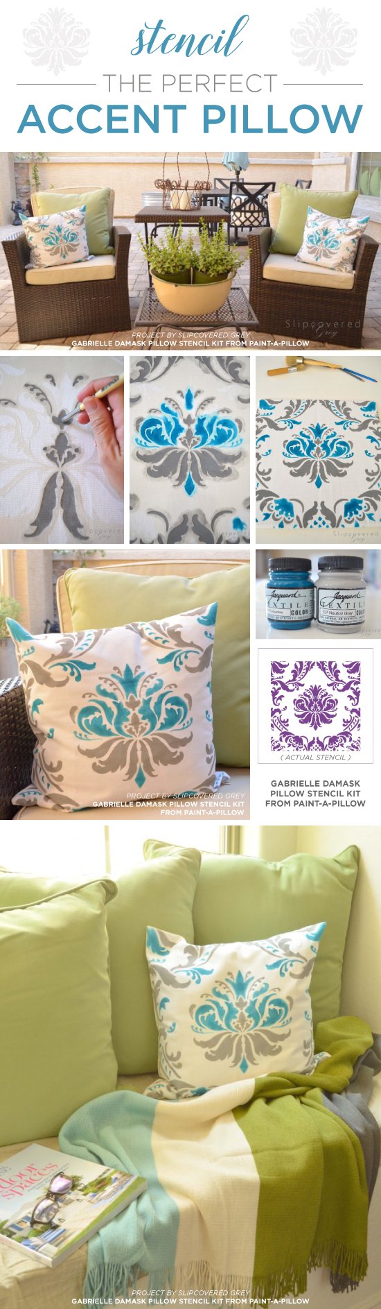 Cutting Edge Stencils shares how to stencil a DIY accent pillow using the Gabrielle Damask pattern. http://www.cuttingedgestencils.com/gabrielle-damask-stencils-paint-a-pillow-kit.html